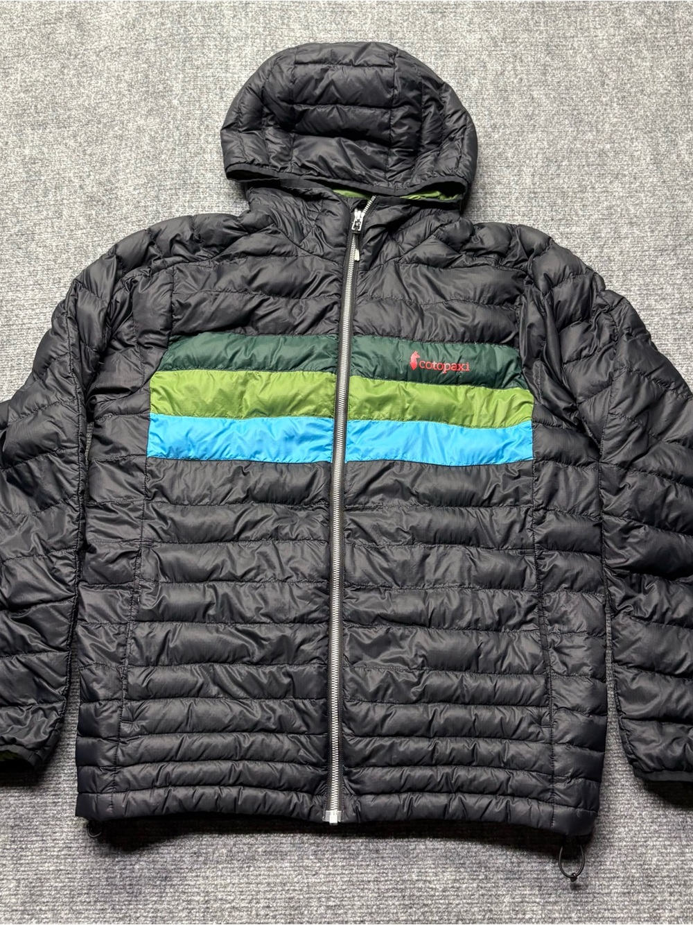 Cotopaxi Fuego Hooded Down Jacket Mens M Black Green Colorblock Puffer Gorpcore